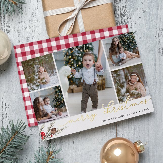 Rustic Bough | Photo Collage Foil Holiday Card (Creator Uploaded)