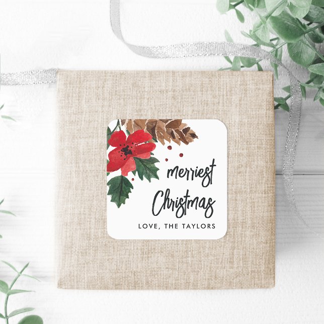 Rustic Bough | Watercolor Christmas Personalised Square Sticker (Creator Uploaded)