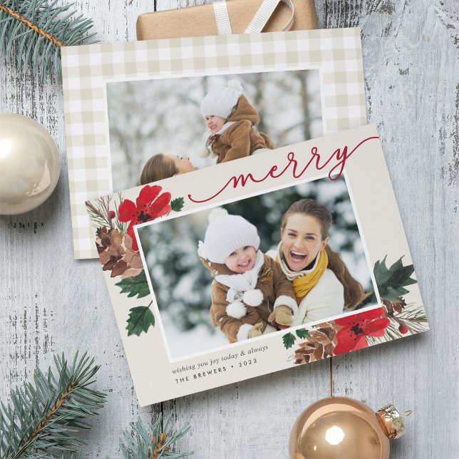 Rustic Bough | Watercolor Floral Photo Christmas Holiday Card (Creator Uploaded)