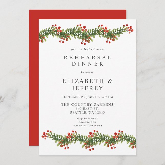 Rustic Boughs of Holly Christmas Rehearsal Dinner Invitation (Front/Back)