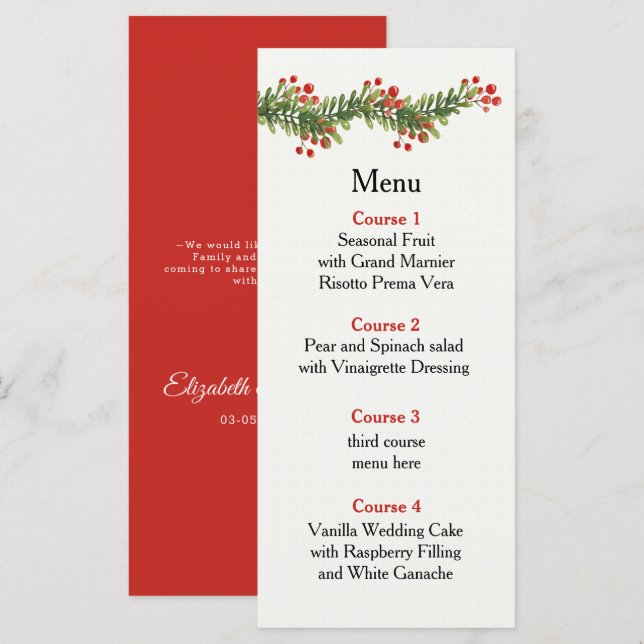 Rustic Boughs of Holly Winter Christmas Wedding Menu (Front/Back)