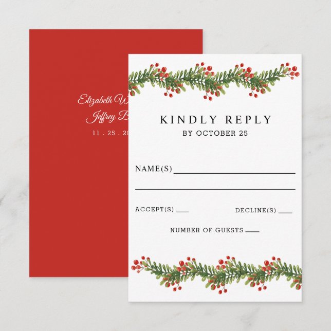 Rustic Boughs of Holly Winter Christmas Wedding RSVP Card (Front/Back)