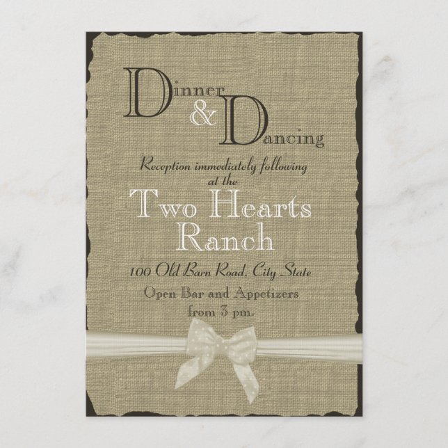 Rustic Bow and Burlap Wedding Reception Enclosure Card (Front)
