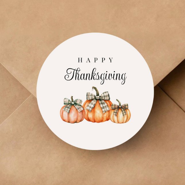 Rustic Bow Pumpkins Happy Thanksgiving Classic Round Sticker (Rustic Bow Pumpkins Happy Thanksgiving Classic Round Sticker)