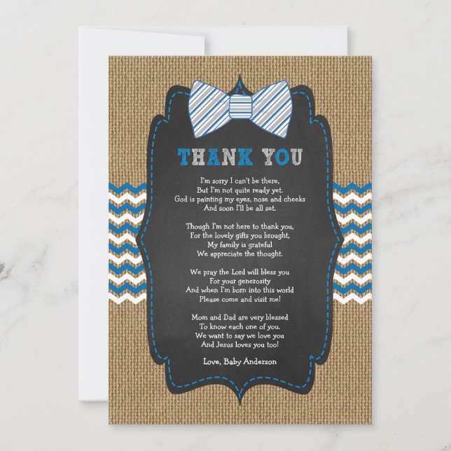 Rustic Bow Tie Baby shower poem thank you note Invitation (Front)