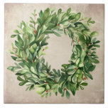 Rustic Boxwood Wreath Berries Watercolor Farmhouse Tile<br><div class="desc">A perfect ceramic tile for your decorating. Boxwood wreath with dried berries on a rustic faux textured background. Simple watercolor graphic was used to make this farmhouse ceramic tile.</div>