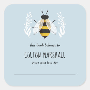 Rustic Boy Baby Bee Baby Custom Book Plate Square Sticker
