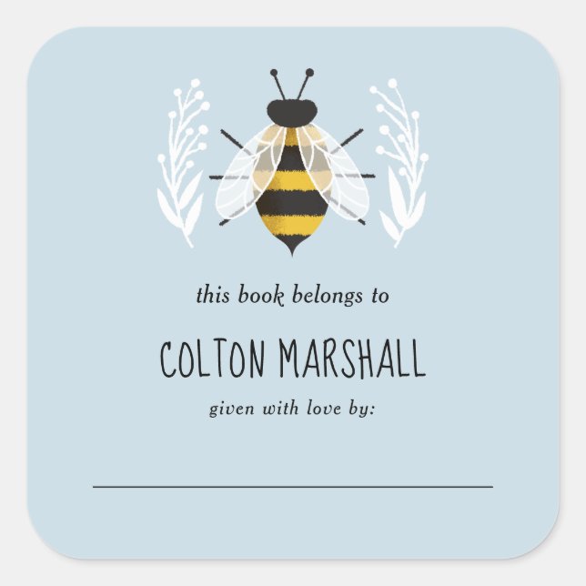 Rustic Boy Baby Bee Baby Custom Book Plate Square Sticker (Front)