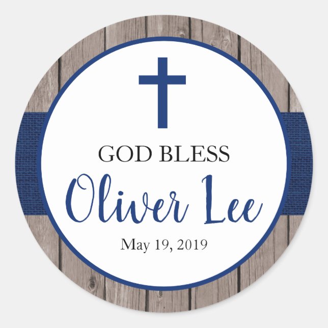 Rustic Boy Baptism Navy Burlap & Wood Favour Classic Round Sticker (Front)