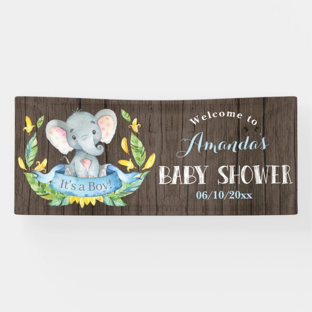 Rustic Boy Elephant Baby Shower Blue and Grey Banner (Horizontal)