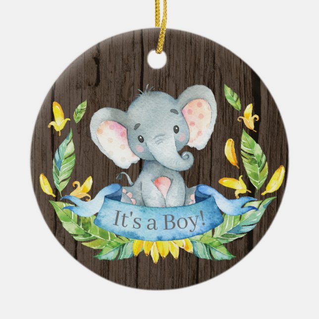 Rustic Boy Elephant Baby Shower Blue Ceramic Tree Decoration (Front)