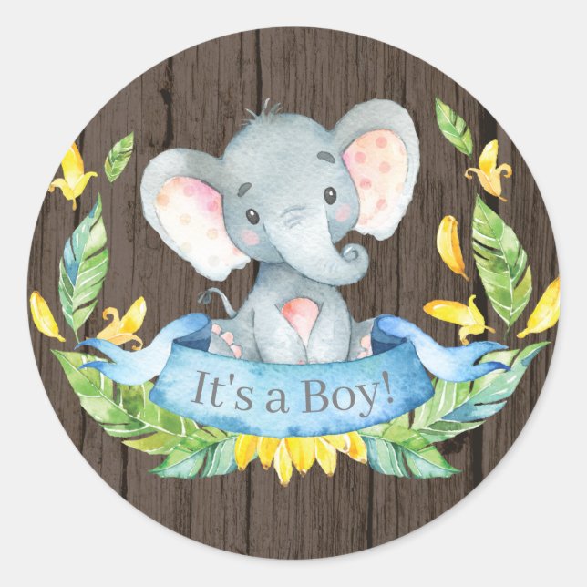 Rustic Boy Elephant Baby Shower Blue Classic Round Sticker (Front)