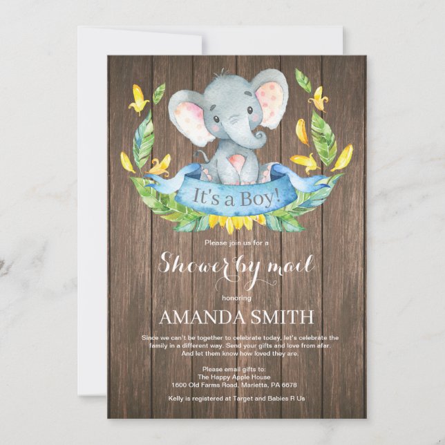 Rustic Boy Elephant Baby Shower by Mail Invitation (Front)