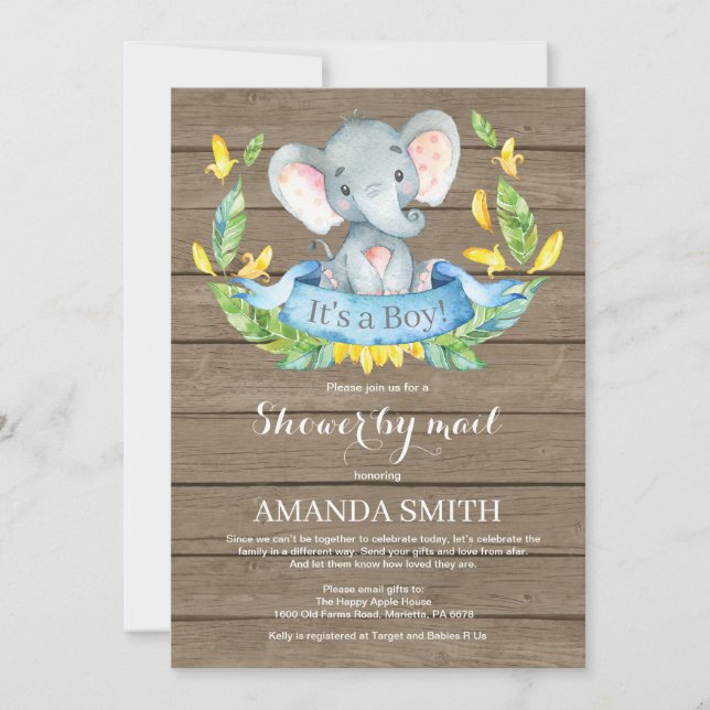 Rustic Boy Elephant Baby Shower by Mail Invitation (Front)