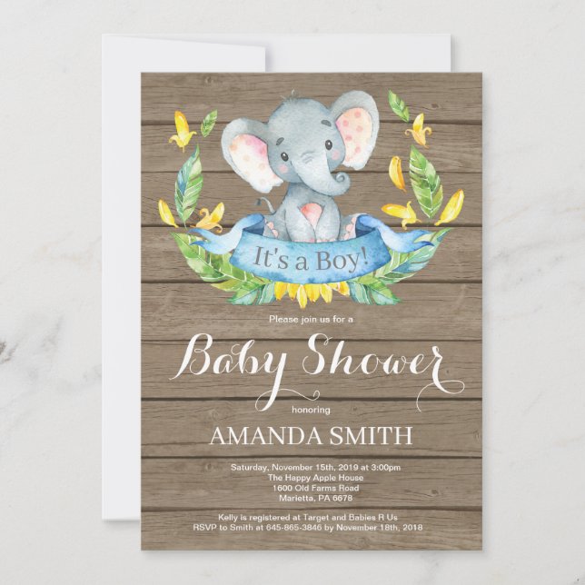 Rustic Boy Elephant Baby Shower Invitation (Front)