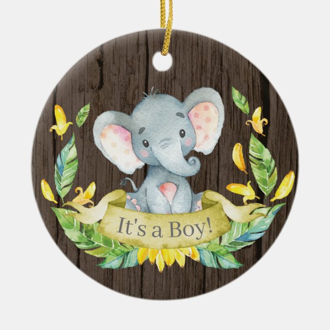 Rustic Boy Elephant Baby Shower Yellow Ceramic Tree Decoration (Front)