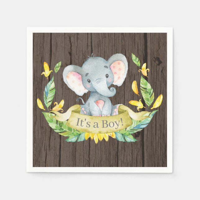 Rustic Boy Elephant Baby Shower Yellow Napkins (Front)