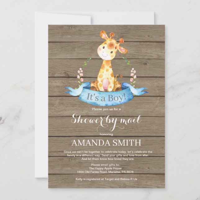 Rustic Boy Giraffe Baby Shower by Mail Invitation (Front)