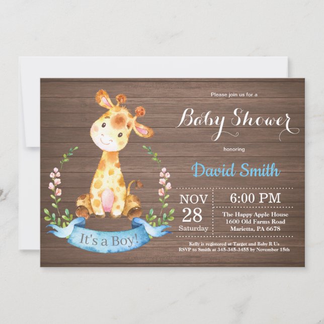 Rustic Boy Giraffe Baby Shower Invitation (Front)