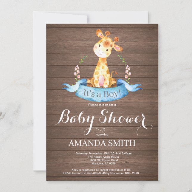 Rustic Boy Giraffe Baby Shower Invitation (Front)