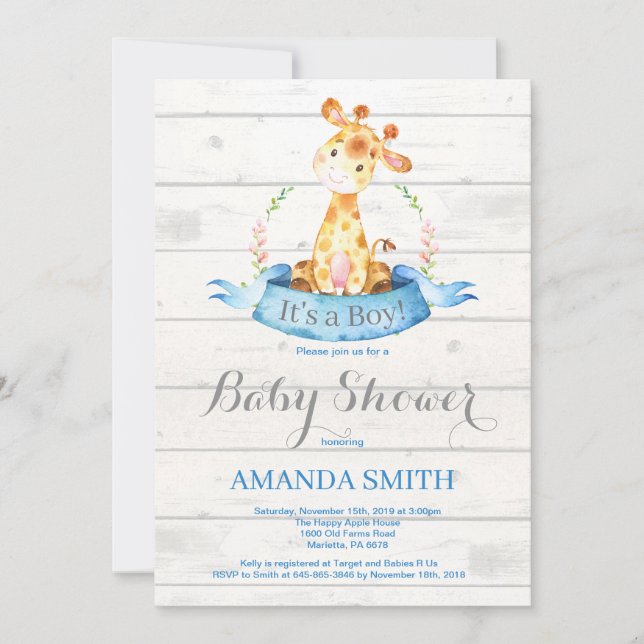Rustic Boy Giraffe Baby Shower Invitation Blue (Front)