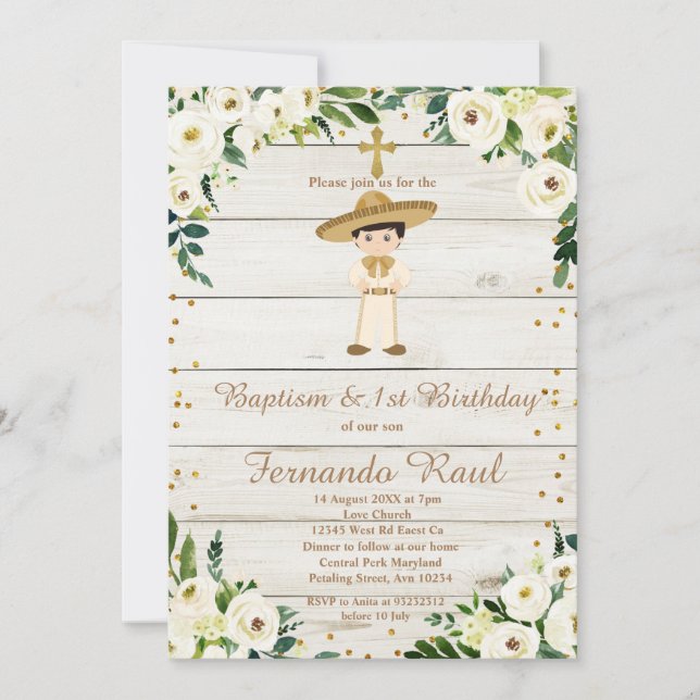 Rustic Boy Gold Baptism First Birthday Mexican  Invitation (Front)