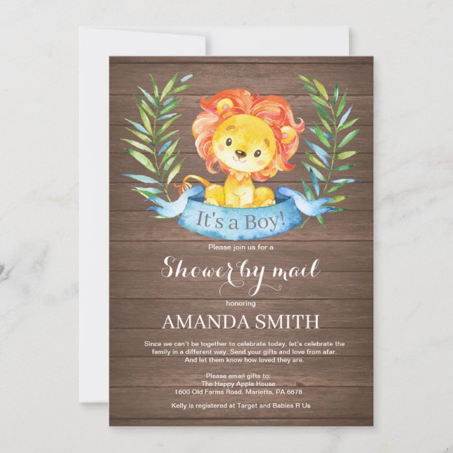 Rustic Boy Lion Baby Shower by Mail Invitation (Front)