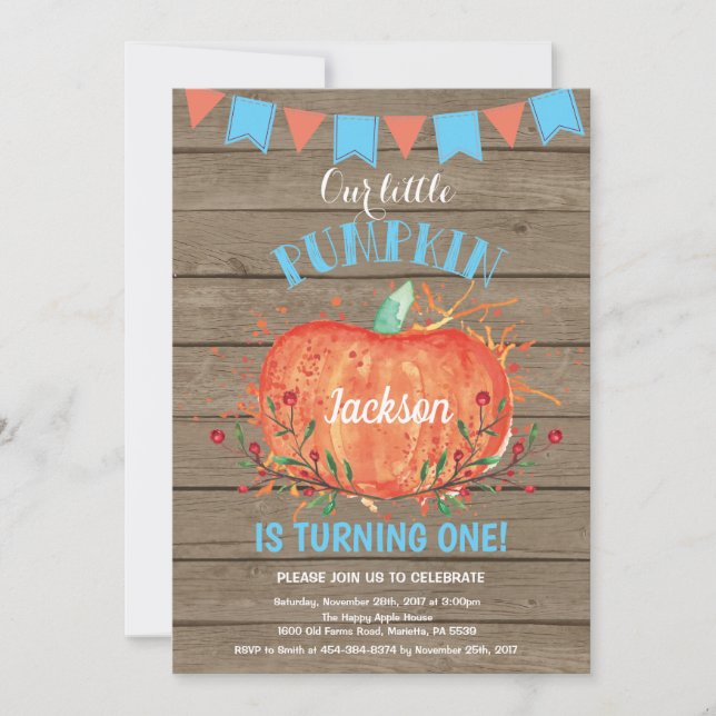 Rustic Boy Pumpkin Birthday Invitation Blue (Front)