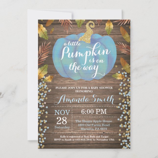 Rustic Boy Pumpkin Fall Baby Shower Gold Glitter Invitation (Front)