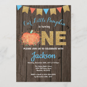 Rustic Boy Pumpkin Fall Birthday Invitation Gold