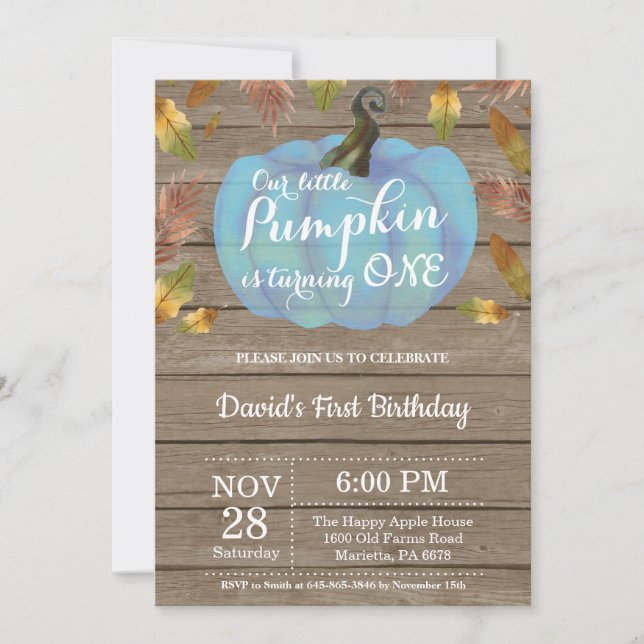 Rustic Boy Pumpkin First Birthday Invitation Blue (Front)