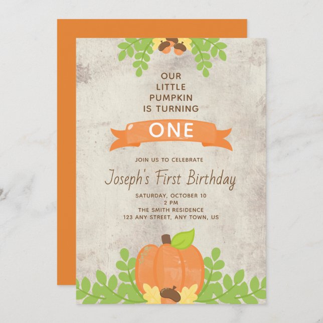 Rustic Boys Our Little Pumpkin Acorns 1st Birthday Invitation (Front/Back)