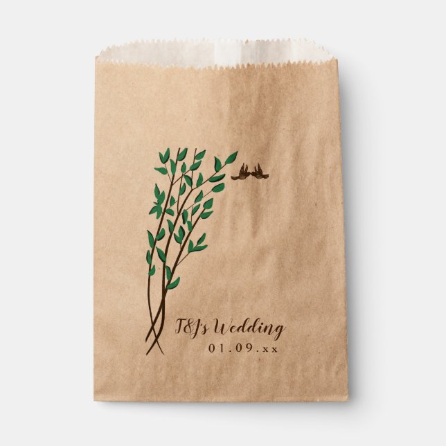 Rustic Branches and Greenery Love Birds Wedding Favour Bags (Front)