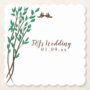 Rustic Branches and Greenery Love Birds Wedding Paper Coaster