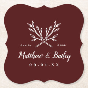 Rustic Branches Wedding Monogram   Burgundy Paper Coaster