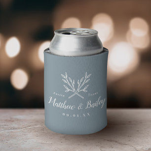 Rustic Branches Wedding Monogram   Dusty Blue Can Cooler