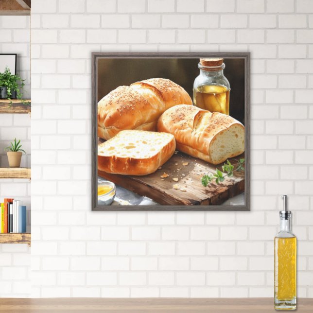 Rustic Bread & Olive Oil  Art | Kitchen Wall Canvas Print (Printed Kitchen Canvas Art Fresh Baked Bread with Olive Oil on a Rustic Cutting Board)
