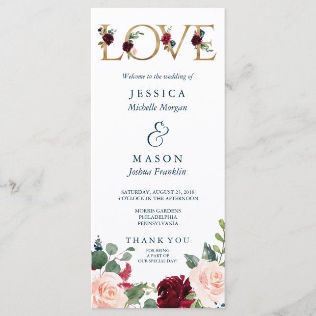 Rustic Breezy Burgundy Fall Wedding Program Programme (Front)