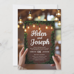 Rustic Brick Wall & String Lights Wedding Invitati Invitation
