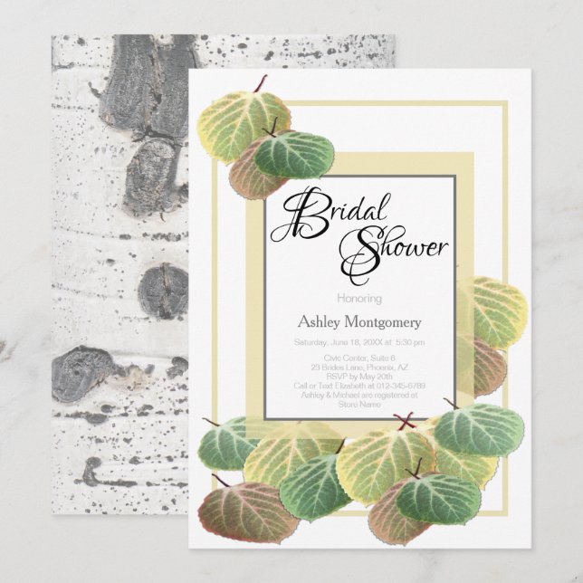 Rustic Bridal Shower Aspen Bark and Leaves Invitation (Front/Back)