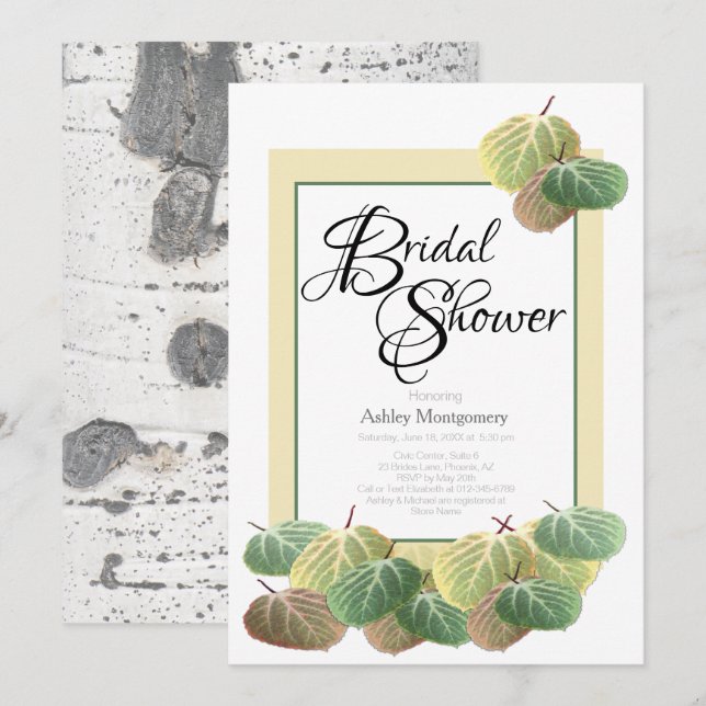 Rustic Bridal Shower Aspen Bark Leaves Yellow Invitation (Front/Back)