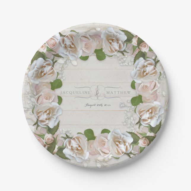 Rustic Bridal Shower Blush Rose Wreath Floral Paper Plate (Front)
