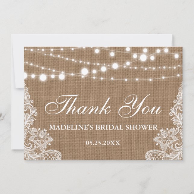 Rustic Bridal Shower Burlap Lights Lace Thank You (Front)