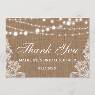 Rustic Bridal Shower Burlap Lights Lace Thank You Card