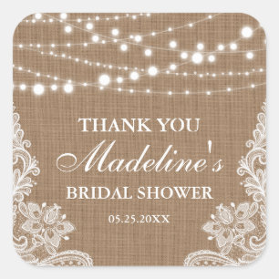 Rustic Bridal Shower Burlap String Lace Thank You Square Sticker