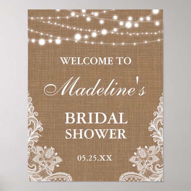 Rustic Bridal Shower Burlap String Lights Lace Poster (Front)