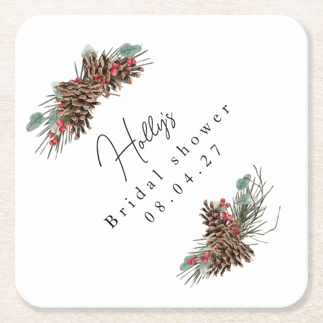 Rustic Bridal Shower Coasters | Plaid & Pinecones (Front)