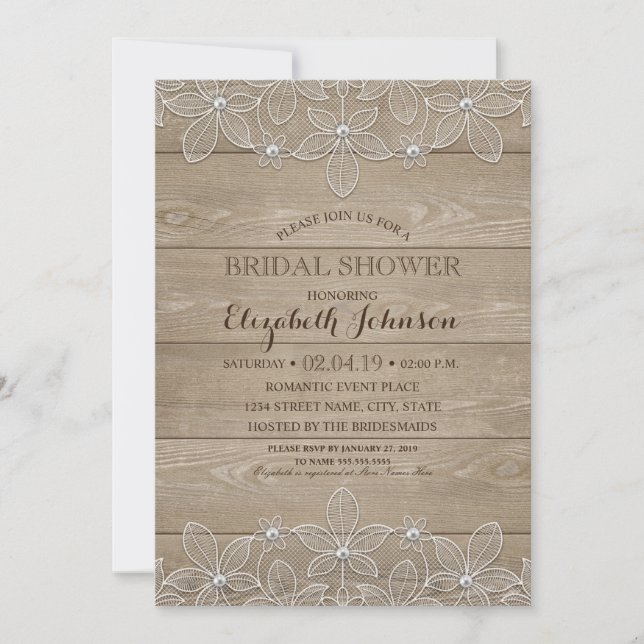 Rustic Bridal Shower Elegant Vintage Wood & Lace Invitation (Front)