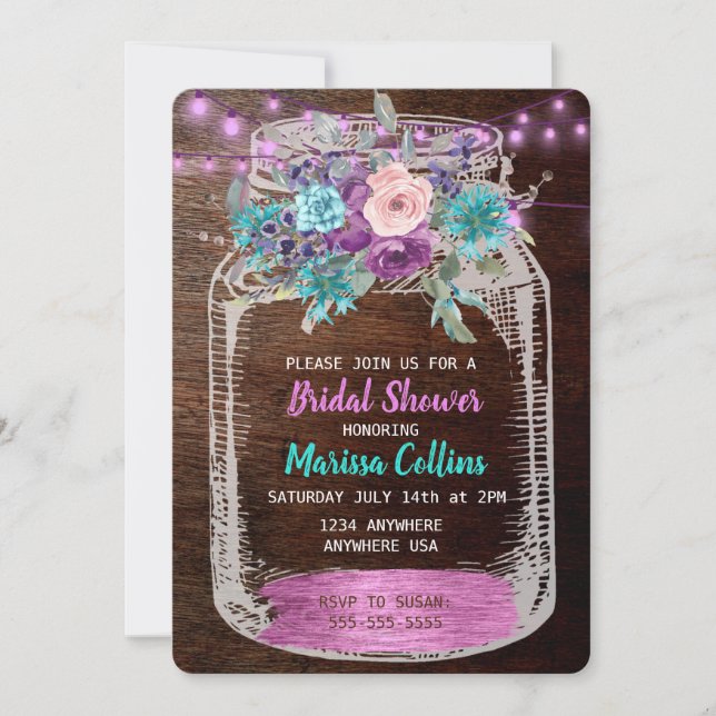 Rustic Bridal Shower, Mason Jar, hanging Lights Invitation (Front)
