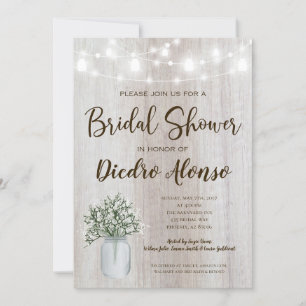 Rustic Bridal Shower Mason Jar Lights Babys Breath Invitation